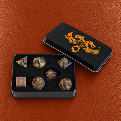 Infernal Flame Pact-Gemstone Dice Set – GELOHO gift packaging on cognac leather