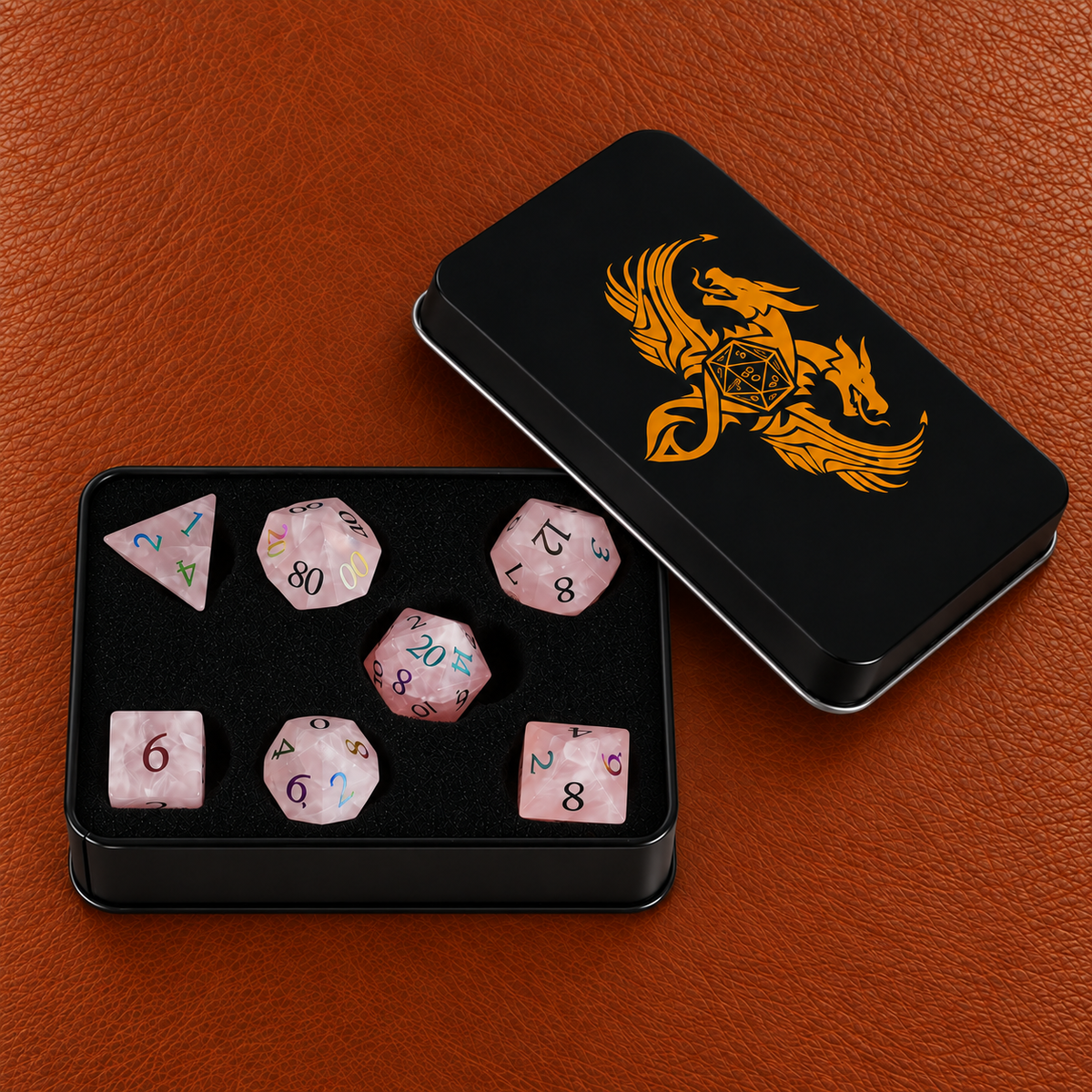 Faerie Bloom Charm-Gemstone Dice Set – GELOHO gift packaging on cognac leather