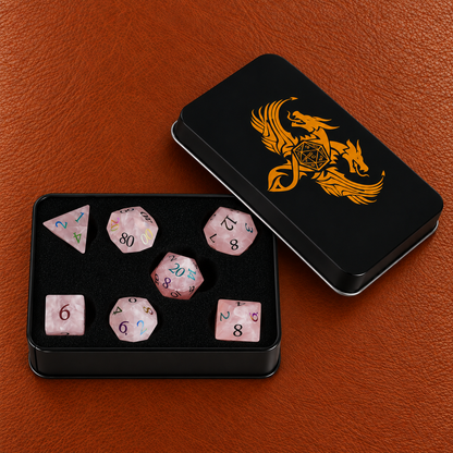 Faerie Bloom Charm-Gemstone Dice Set – GELOHO gift packaging on cognac leather