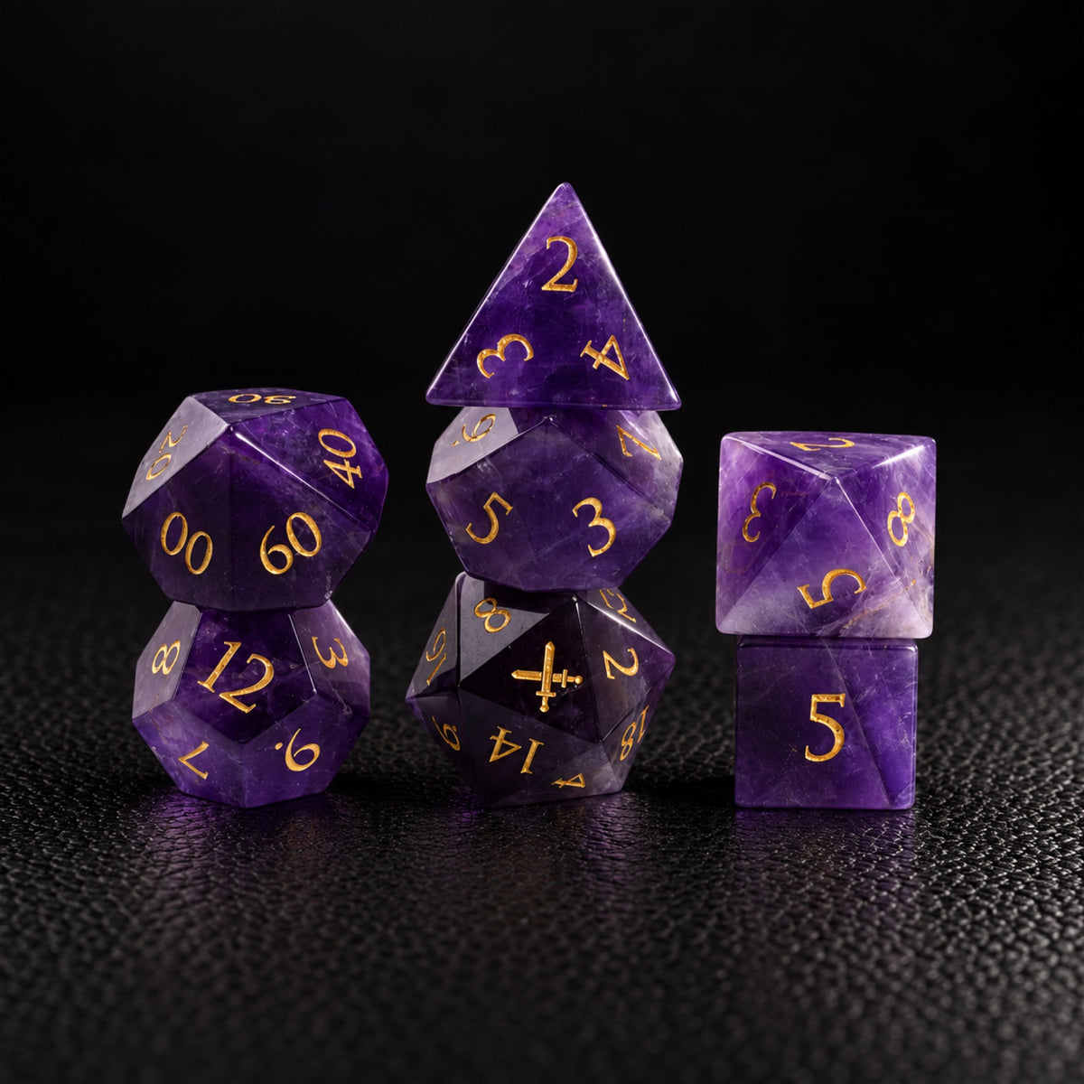 Violet Arcane Oath-Gemstone Dice Set – standing polyhedral set