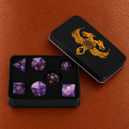 Violet Arcane Oath-Gemstone Dice Set – GELOHO gift packaging on cognac leather