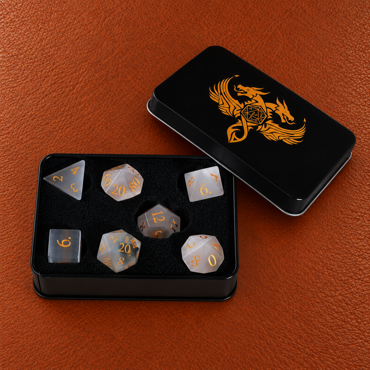 Moonlit Fey Eye-Gemstone Dice Set – GELOHO gift packaging on cognac leather