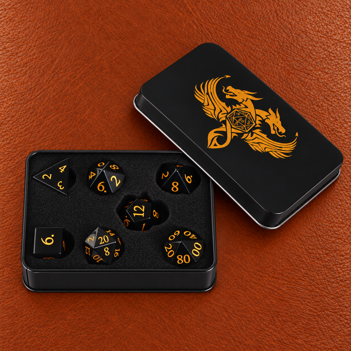 Nightfall Shadow Pact-Gemstone Dice Set – GELOHO gift packaging on cognac leather