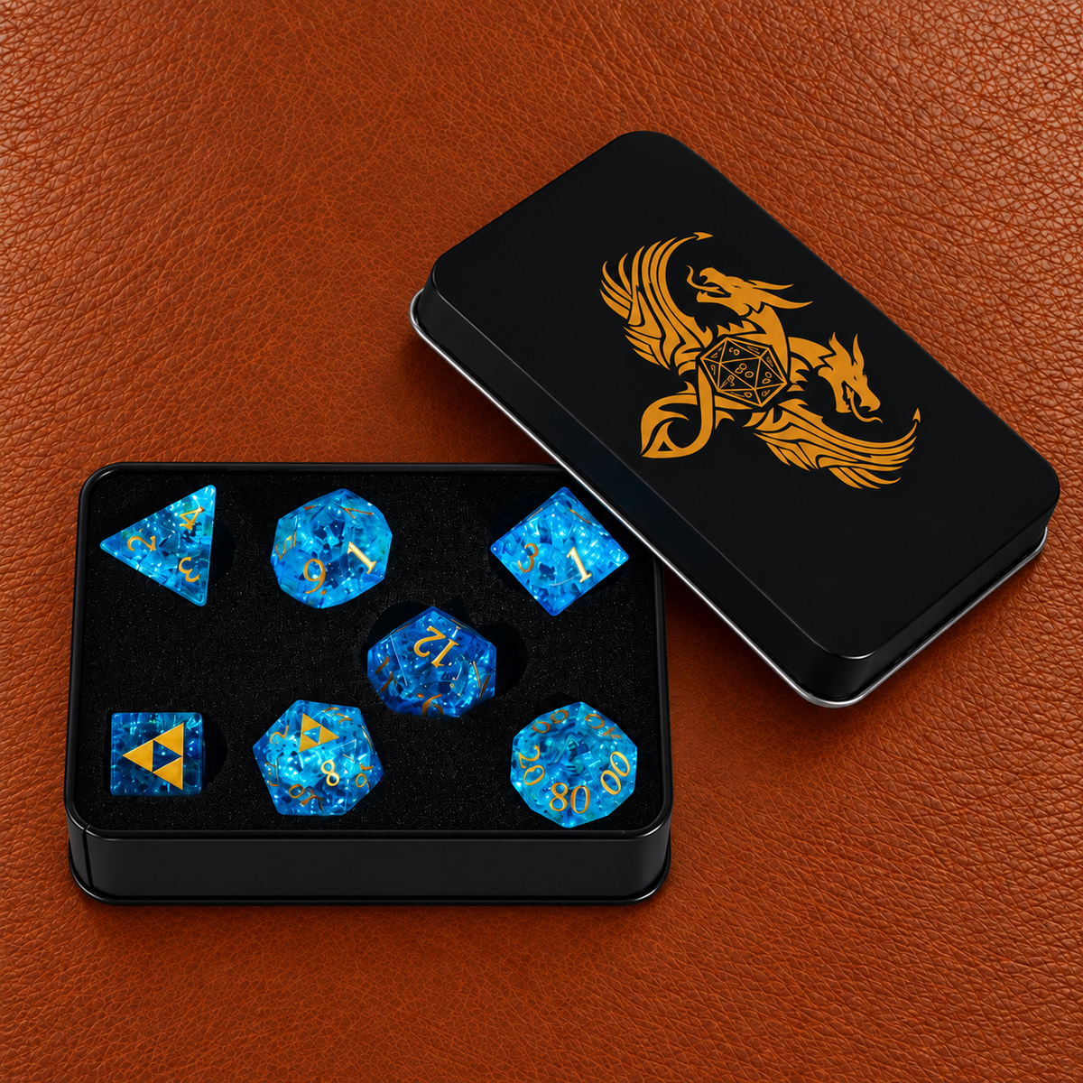 Tempest Arcane Shard-Gemstone Dice Set – GELOHO gift packaging on cognac leather