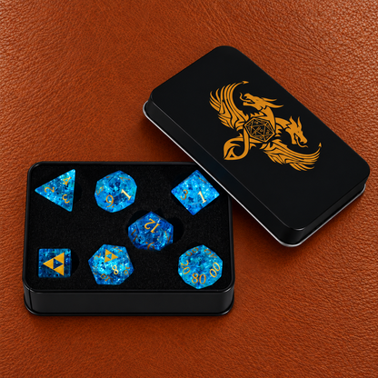Tempest Arcane Shard-Gemstone Dice Set – GELOHO gift packaging on cognac leather