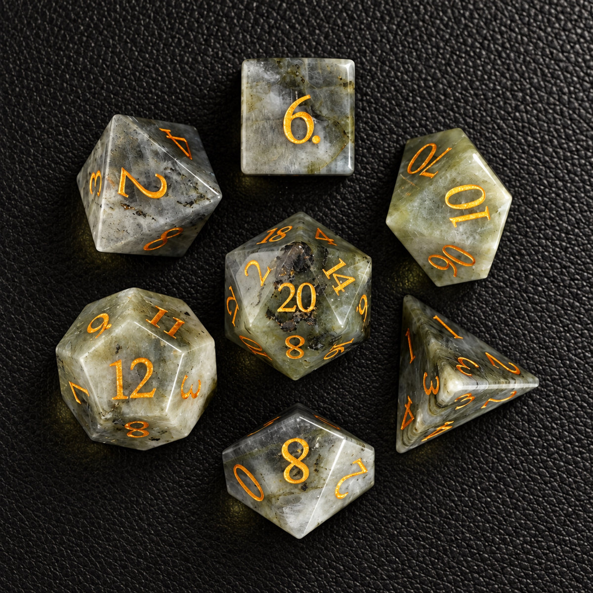 Pale Moon Prophecy-Gemstone Dice Set – complete seven-piece set