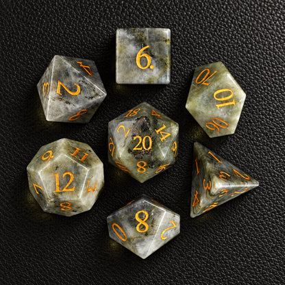 Pale Moon Prophecy-Gemstone Dice Set – complete seven-piece set