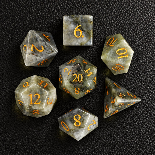 Pale Moon Prophecy-Gemstone Dice Set – complete seven-piece set