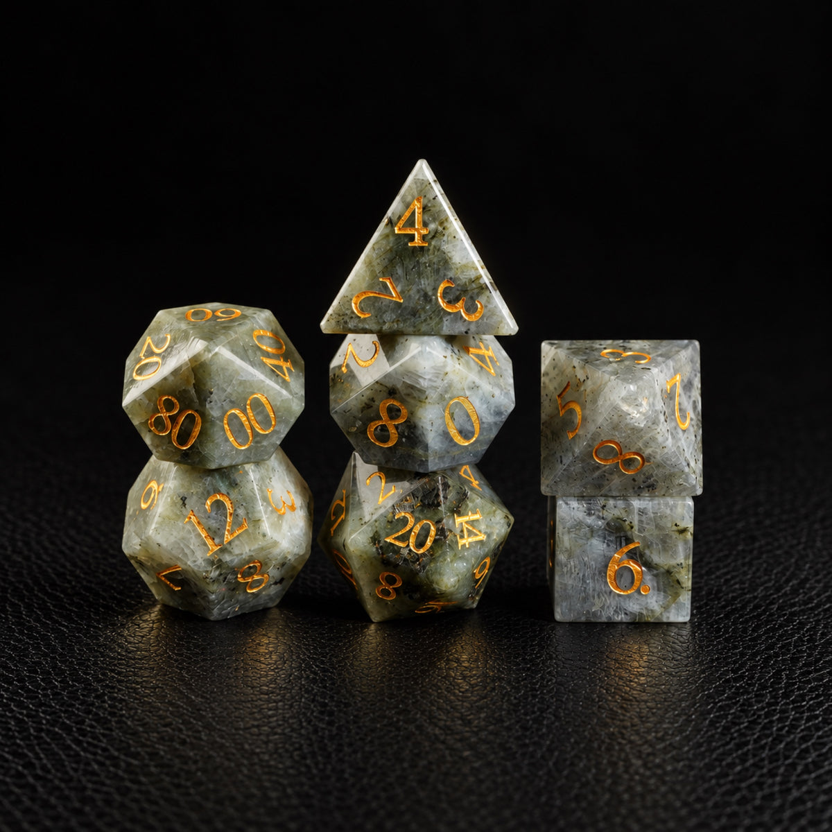 Pale Moon Prophecy-Gemstone Dice Set – standing polyhedral set