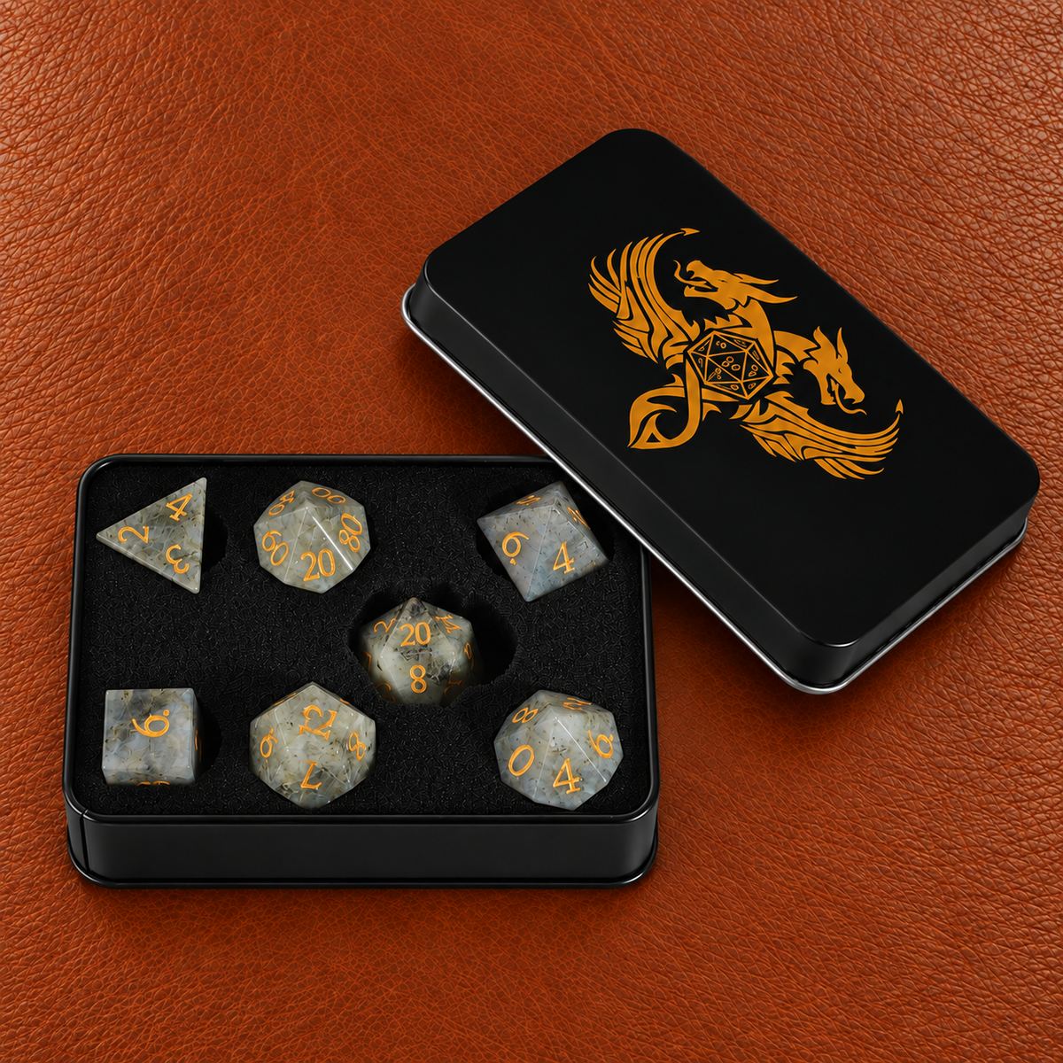 Pale Moon Prophecy-Gemstone Dice Set – GELOHO gift packaging on cognac leather