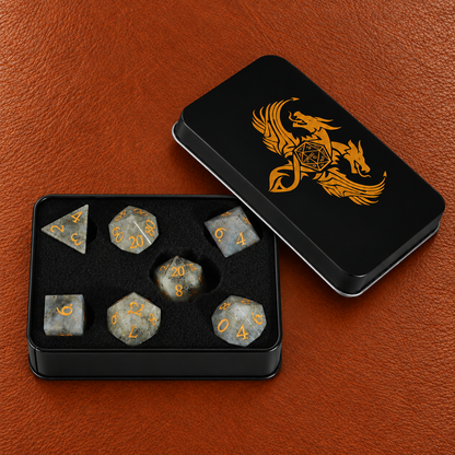 Pale Moon Prophecy-Gemstone Dice Set – GELOHO gift packaging on cognac leather