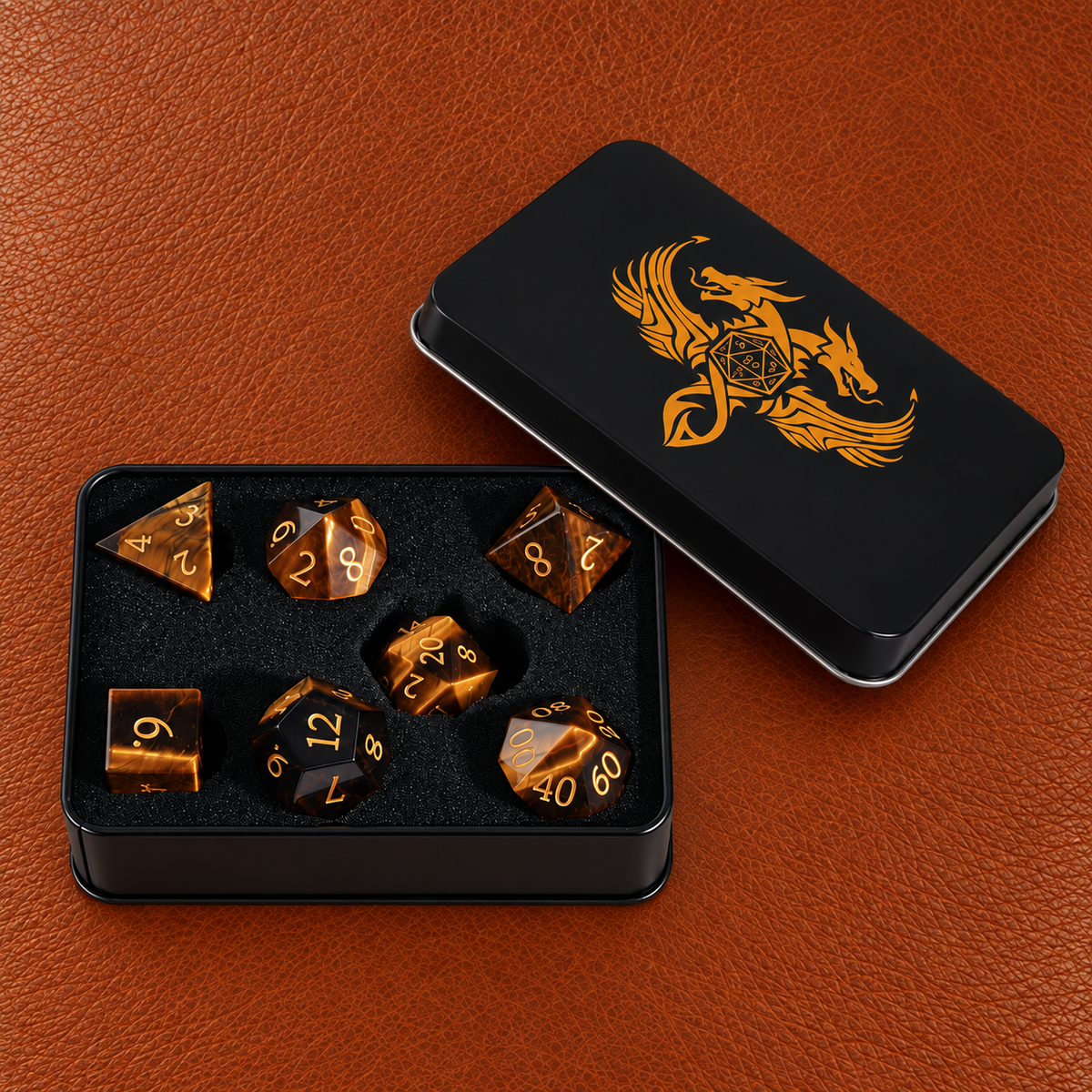 Golden Beast Oath-Gemstone Dice Set – GELOHO gift packaging on cognac leather