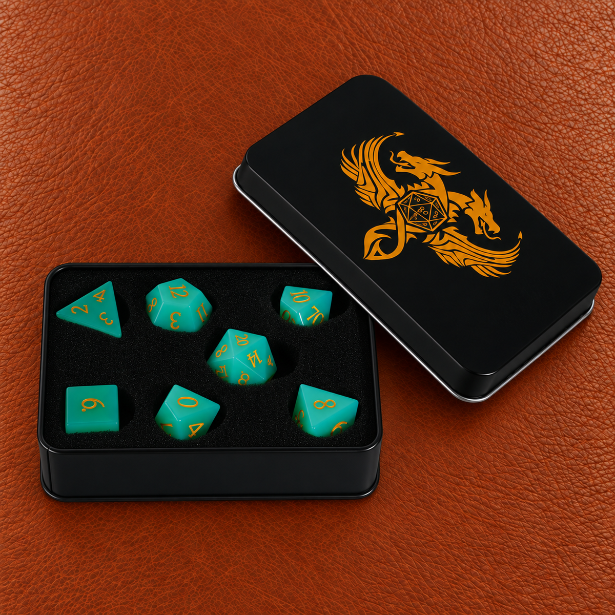 Emerald Spirit Grove-Gemstone Dice Set – GELOHO gift packaging on cognac leather