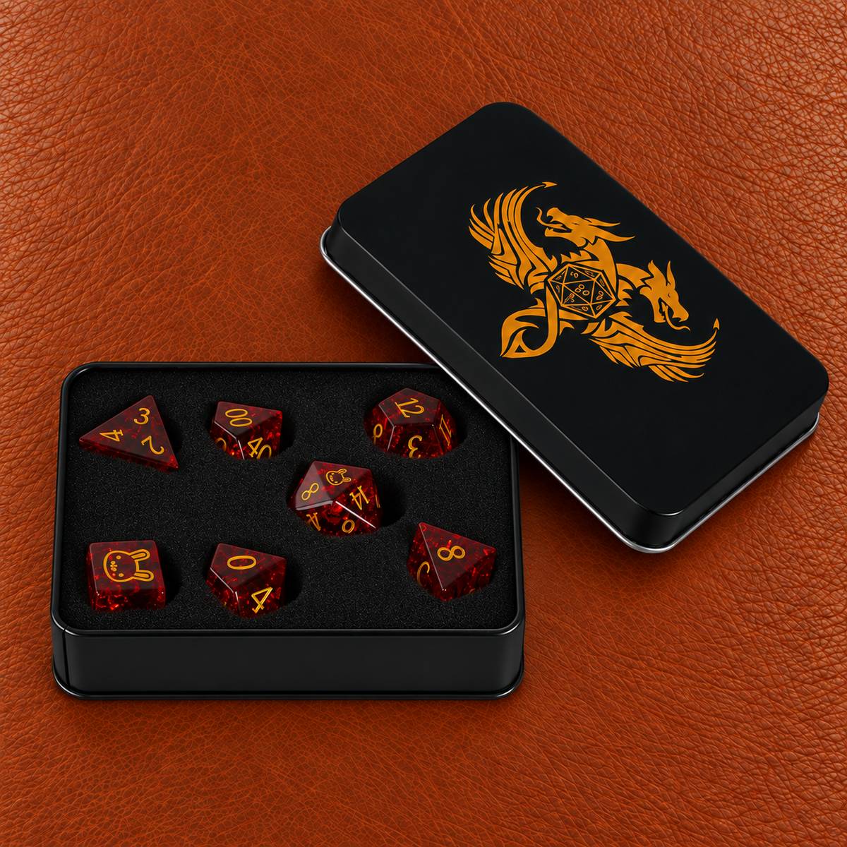 Crimson Ruin Rage-Gemstone Dice Set – GELOHO gift packaging on cognac leather