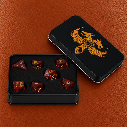 Crimson Ruin Rage-Gemstone Dice Set – GELOHO gift packaging on cognac leather