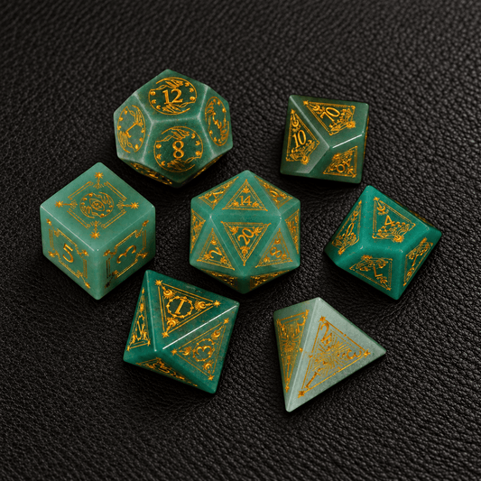 Forest Glyph Relic gemstone dice set on premium black leather