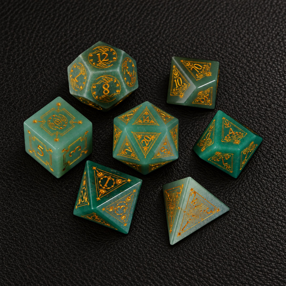 Forest Glyph Relic-Gemstone Dice Set – complete seven-piece set