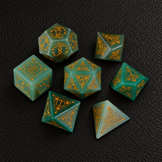 Forest Glyph Relic-Gemstone Dice Set – complete seven-piece set