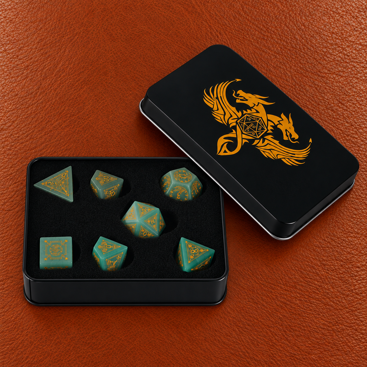 Forest Glyph Relic-Gemstone Dice Set – GELOHO gift packaging on cognac leather
