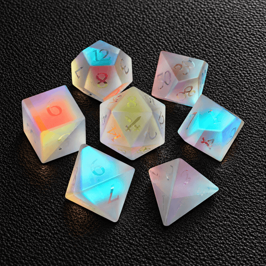 Prismatic Arcane Ward gemstone dice set on premium black leather