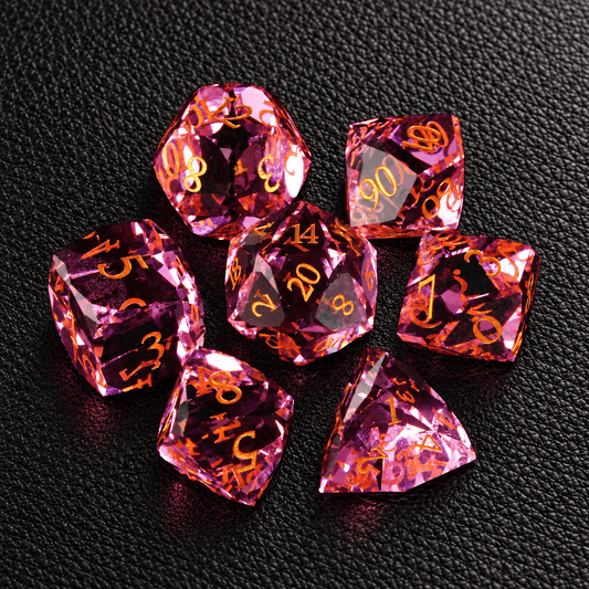 Rosy Fey Covenant gemstone dice set on premium black leather