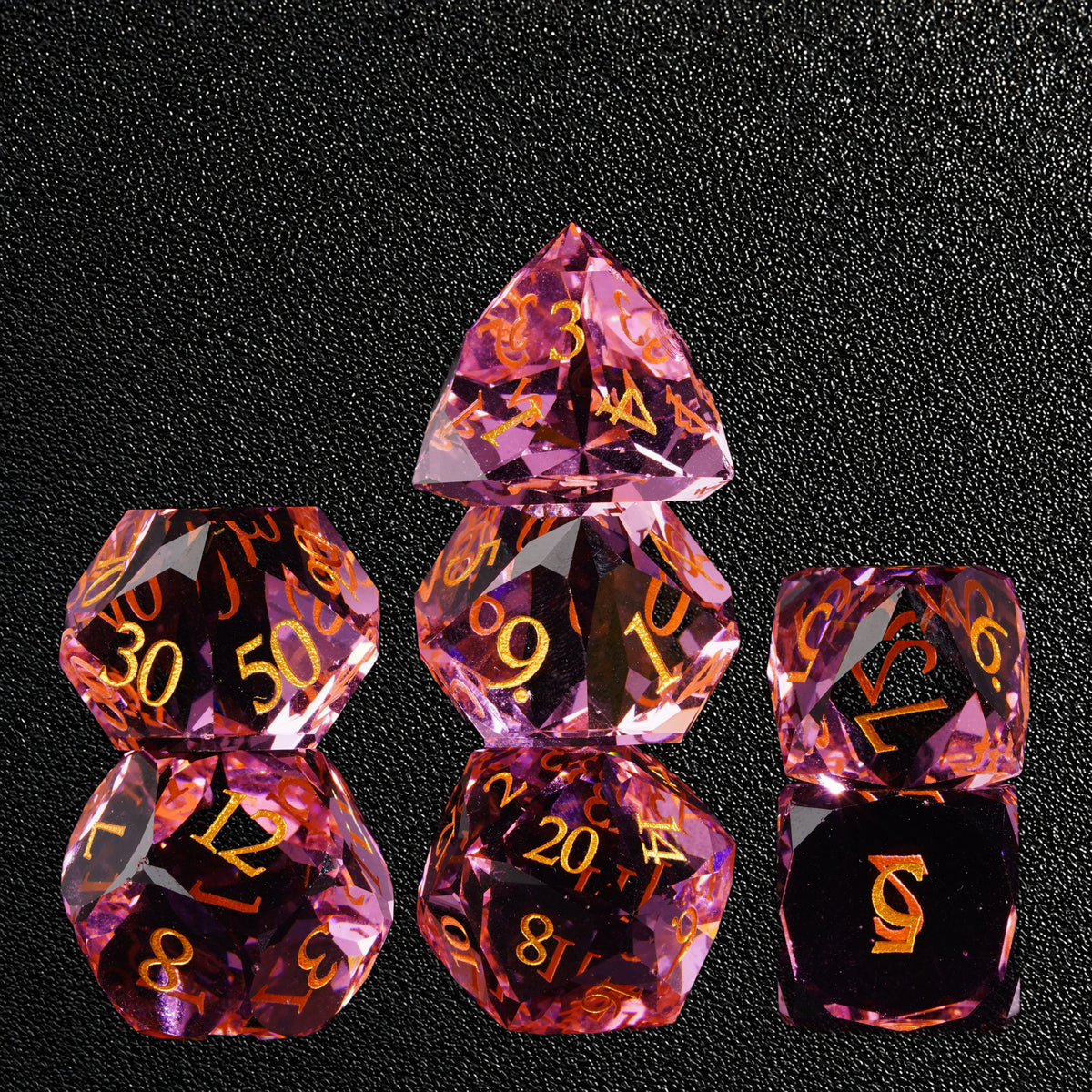 Rosy Fey Covenant-Gemstone Dice Set – standing polyhedral set