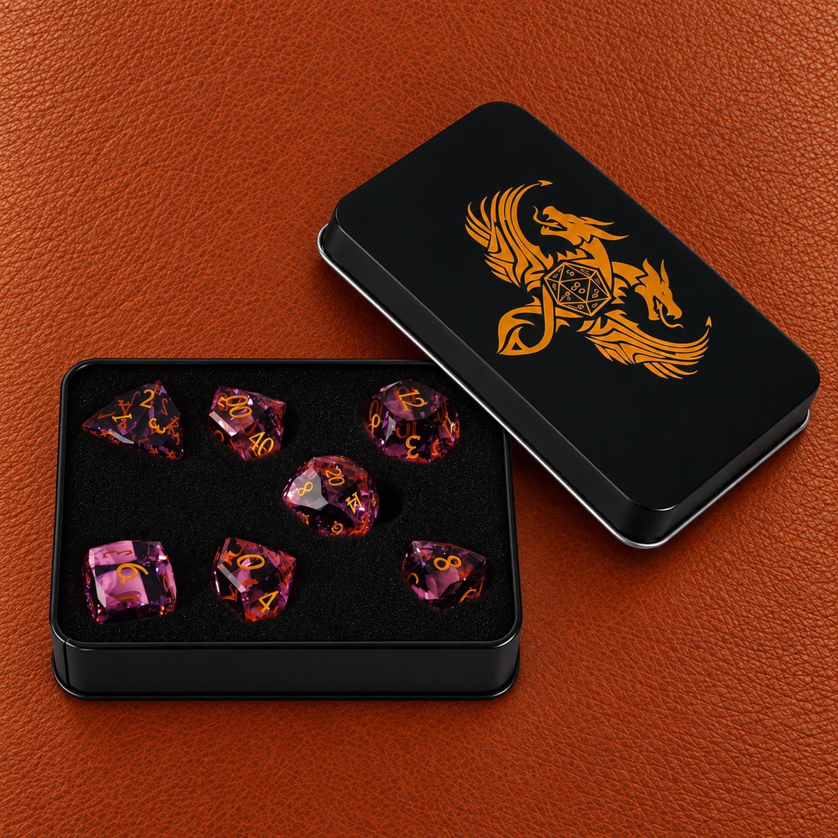Rosy Fey Covenant-Gemstone Dice Set – GELOHO gift packaging on cognac leather