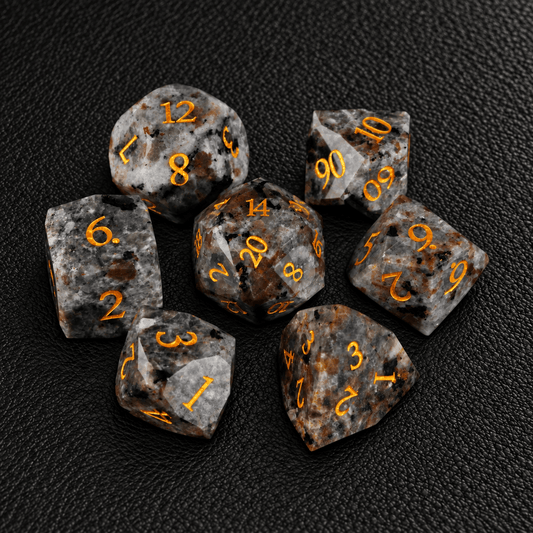 Flamebound Oath Relic gemstone dice set on premium black leather