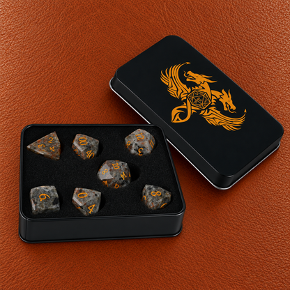 Flamebound Oath Relic-Gemstone Dice Set – GELOHO gift packaging on cognac leather