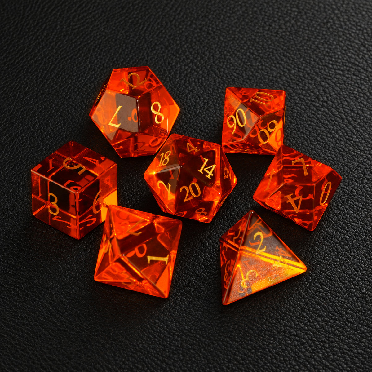 Amber Quest Relic-Gemstone Dice Set – complete seven-piece set