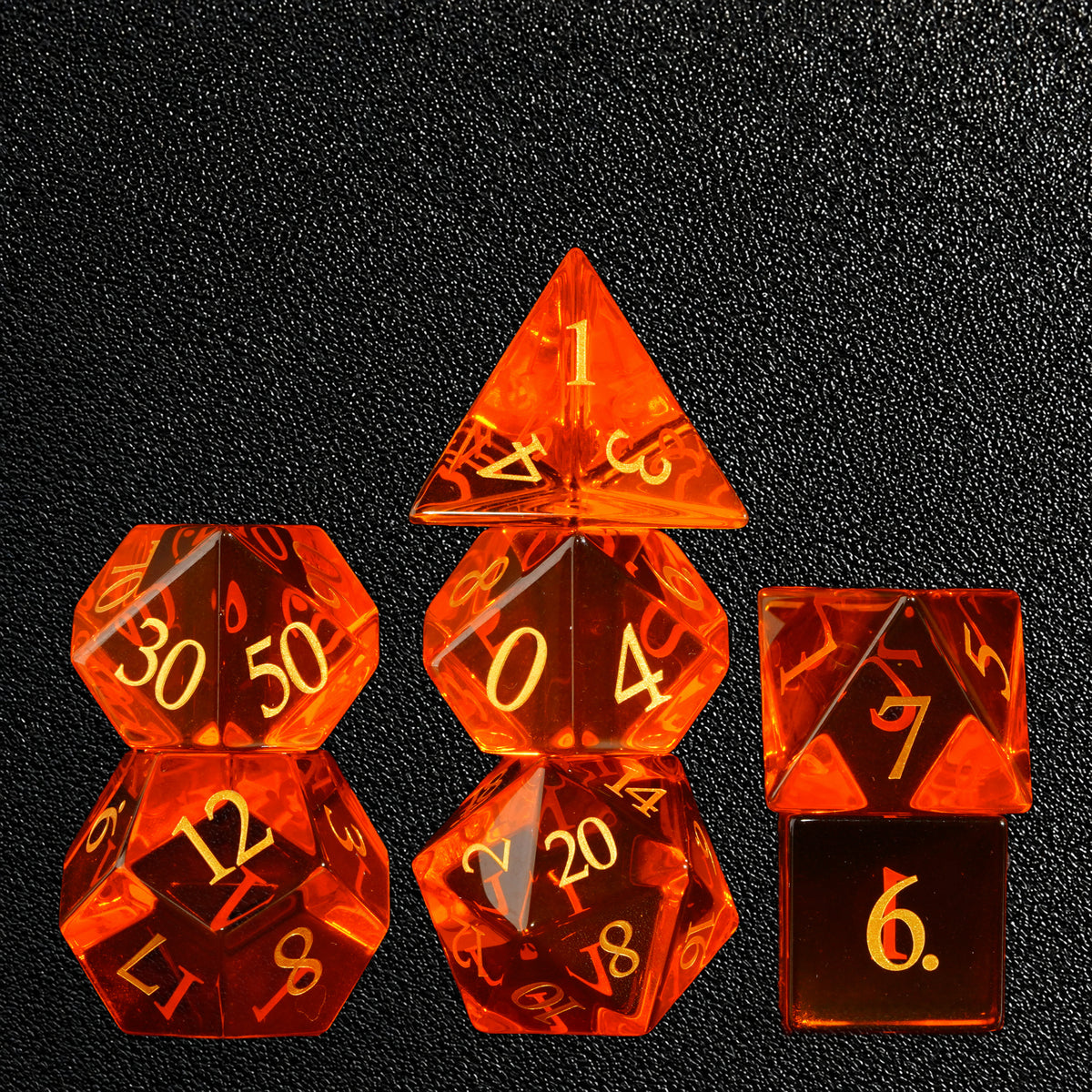 Amber Quest Relic-Gemstone Dice Set – standing polyhedral set