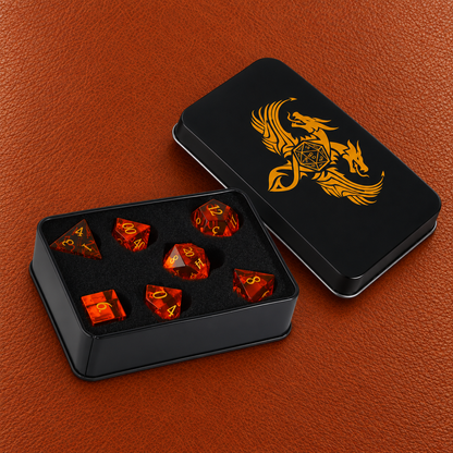 Amber Quest Relic-Gemstone Dice Set – GELOHO gift packaging on cognac leather