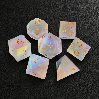Gilded Mirage Veil-Gemstone Dice Set – complete seven-piece set