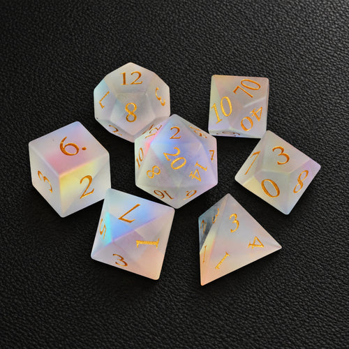 Gilded Mirage Veil-Gemstone Dice Set – complete seven-piece set