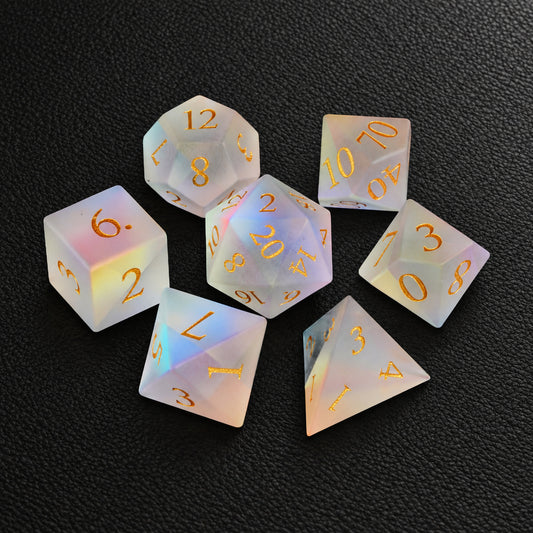 Gilded Mirage Veil-Gemstone Dice Set – complete seven-piece set