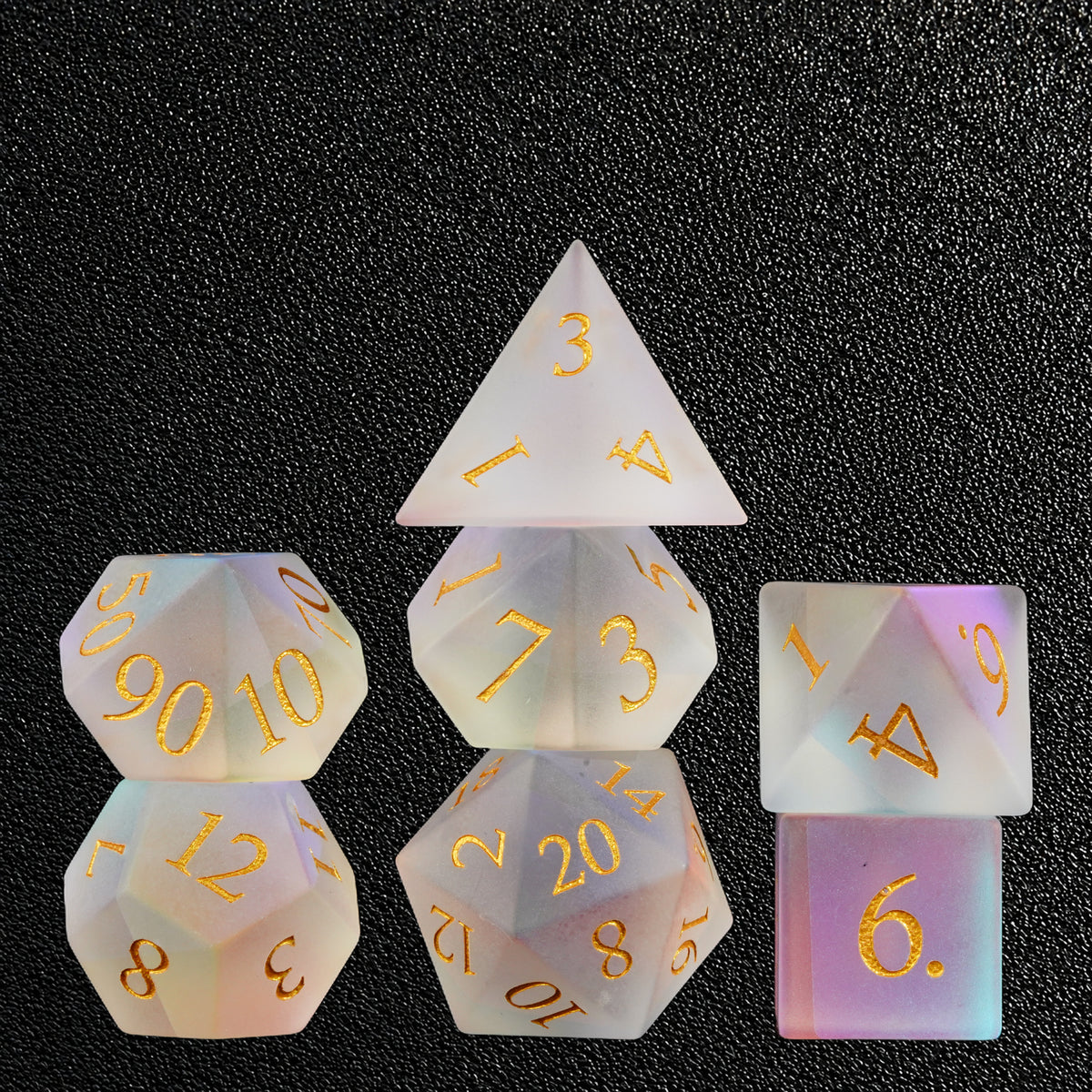 Gilded Mirage Veil-Gemstone Dice Set – standing polyhedral set