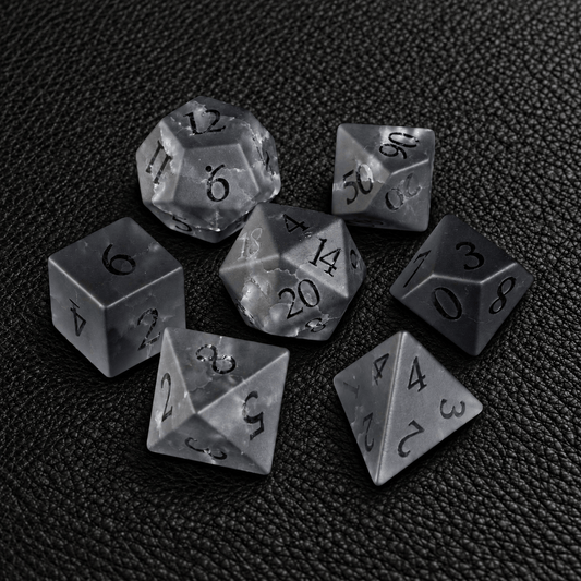 Ashen Rift Pact gemstone dice set on premium black leather