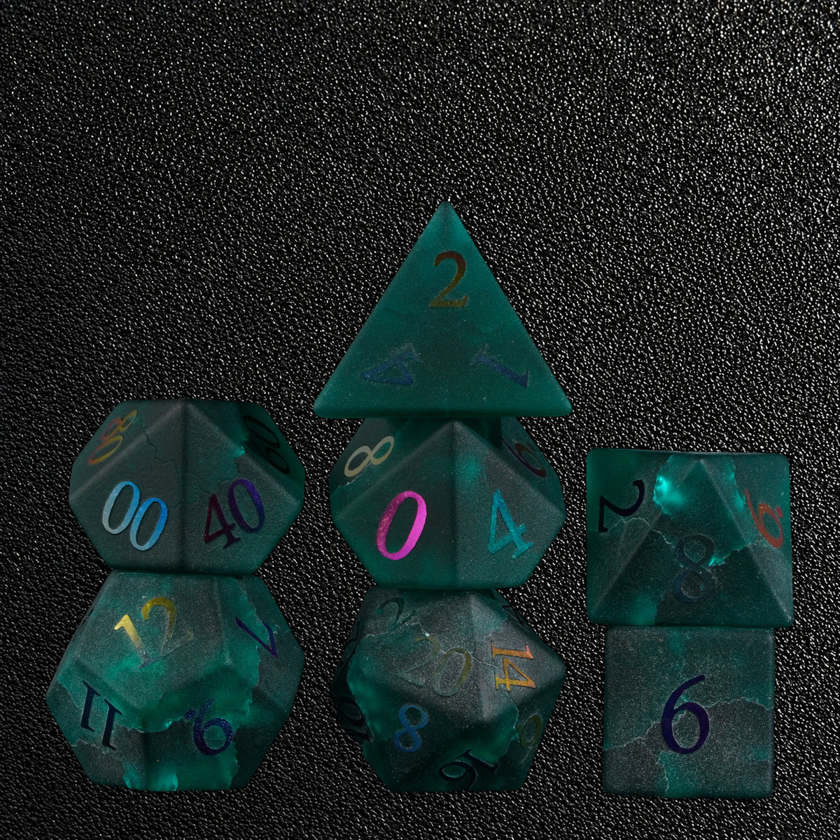 Chromatic Storm Sigil-Gemstone Dice Set – standing polyhedral set