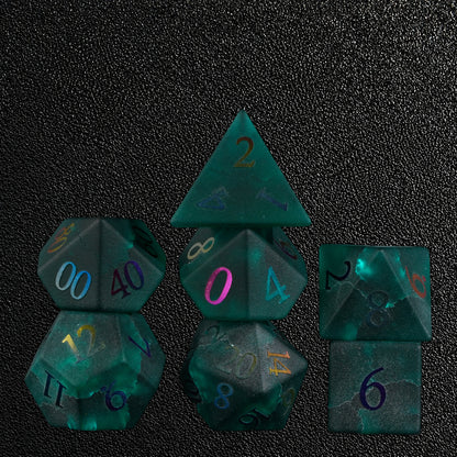 Chromatic Storm Sigil-Gemstone Dice Set – standing polyhedral set