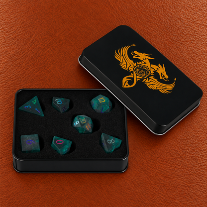 Chromatic Storm Sigil-Gemstone Dice Set – GELOHO gift packaging on cognac leather