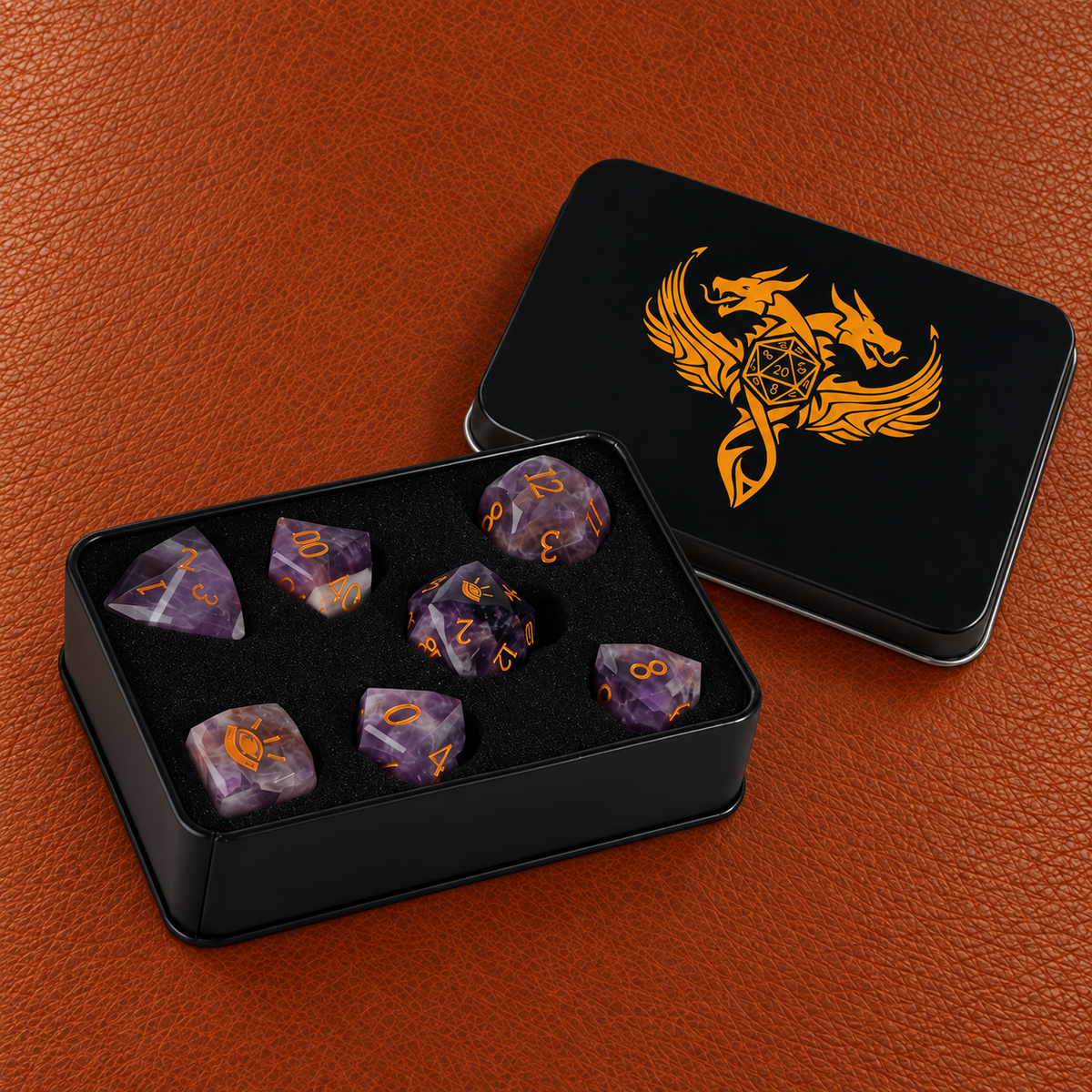 All Seeing Eye-Gemstone Dice Set – GELOHO gift packaging on cognac leather