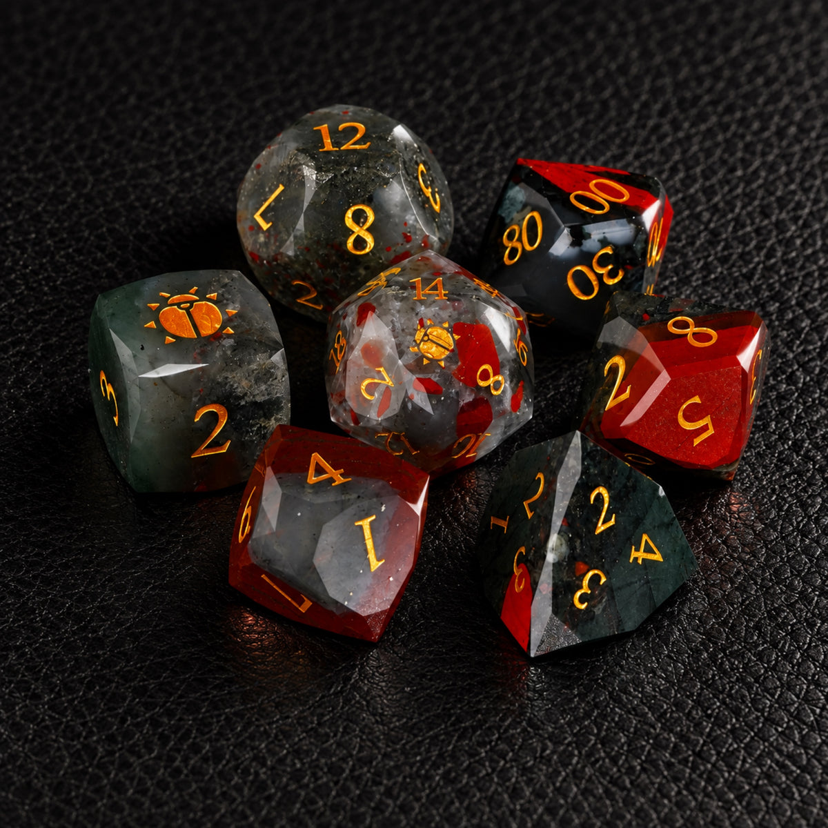 Scarab Blood Oath-Gemstone Dice Set – complete seven-piece set