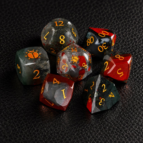 Scarab Blood Oath-Gemstone Dice Set – complete seven-piece set