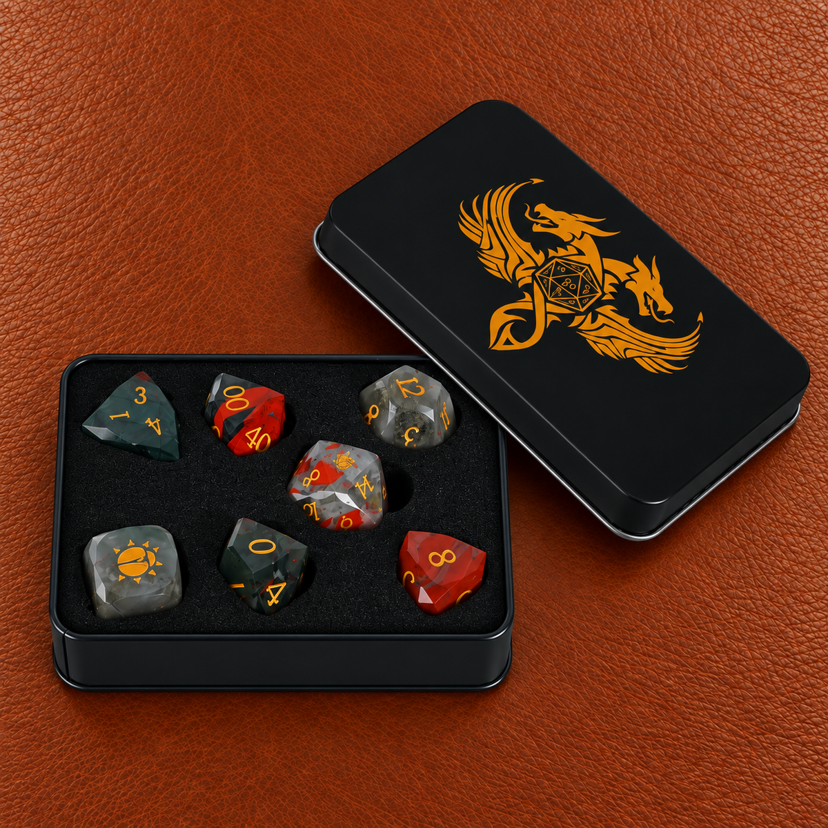Scarab Blood Oath-Gemstone Dice Set – GELOHO gift packaging on cognac leather