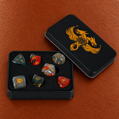 Scarab Blood Oath-Gemstone Dice Set – GELOHO gift packaging on cognac leather