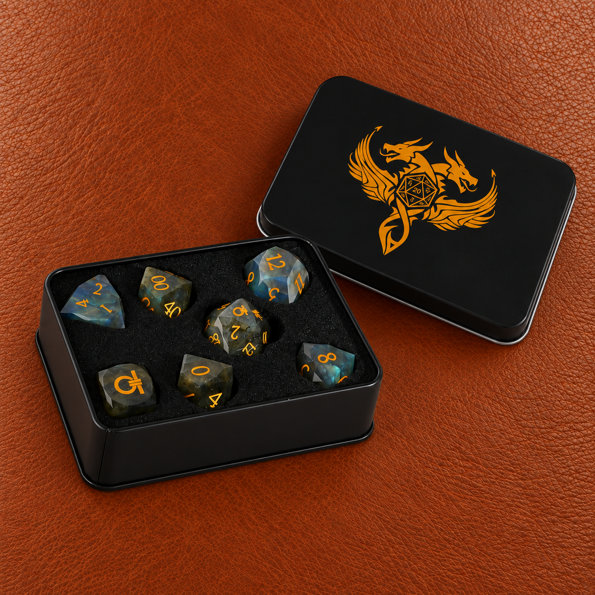 Astral Order Ring-Gemstone Dice Set – GELOHO gift packaging on cognac leather