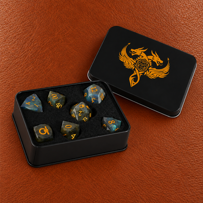 Astral Order Ring-Gemstone Dice Set – GELOHO gift packaging on cognac leather