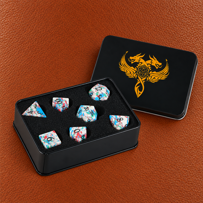 Winter Ink Curse-Gemstone Dice Set – GELOHO gift packaging on cognac leather