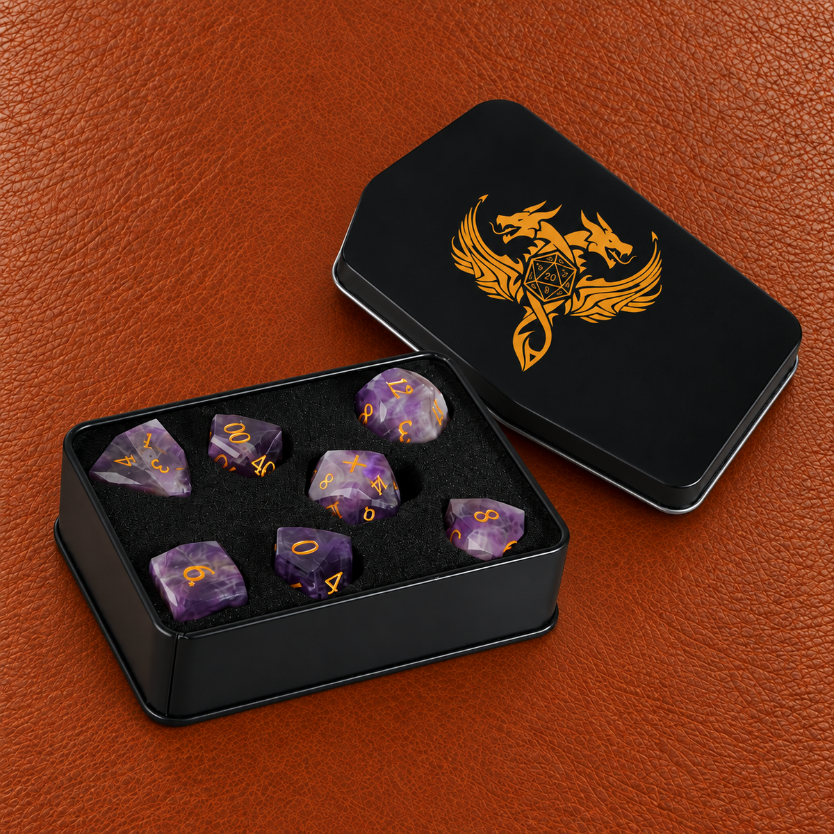 Violet Crown Prophecy-Gemstone Dice Set – GELOHO gift packaging on cognac leather