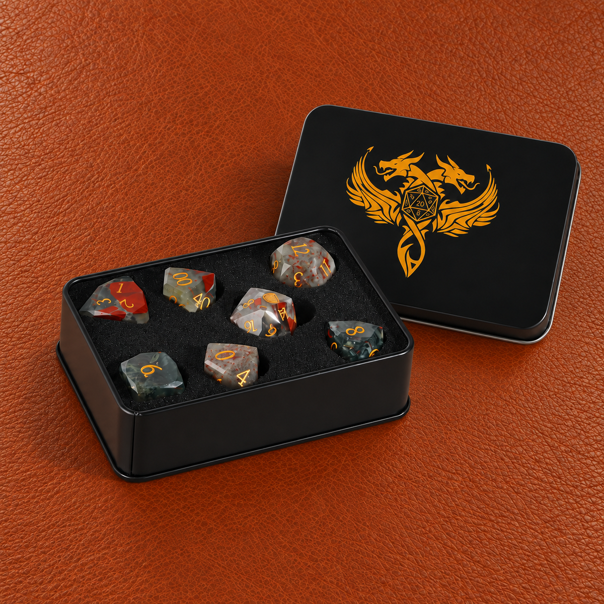 Blood Oath Relic-Gemstone Dice Set – GELOHO gift packaging on cognac leather